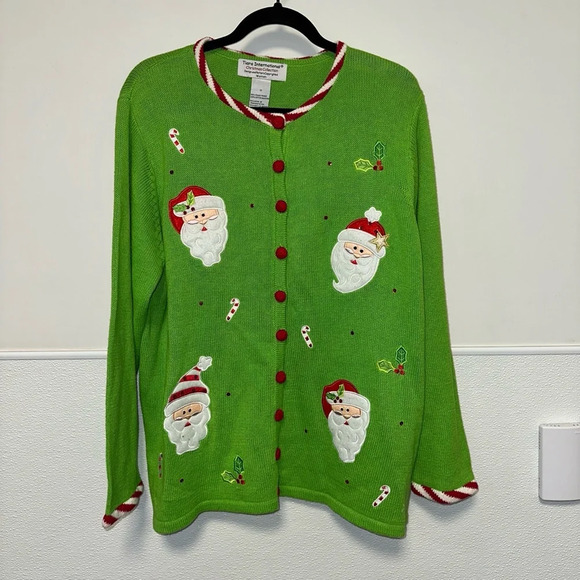 NWT! Vintage Tiara International Christmas Santa Cardigan Sweater Green & Red 1X - Picture 10 of 11